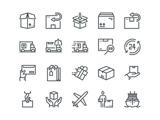 Delivery. Set of outline vector icons. Includes such as Loading, Express Delivery, Tracking Number Search, Cargo Ship and other. Editable Stroke. 48x48 Pixel Perfect.
