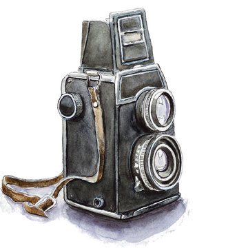 Watercolor sketch of retro camera, isolated on white.