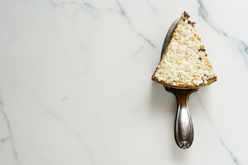 chocolate cake on a blade for a cake on a marble background Top view Copy space 