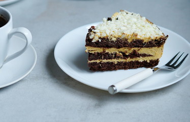 piece of chocolate cake on a white plate 