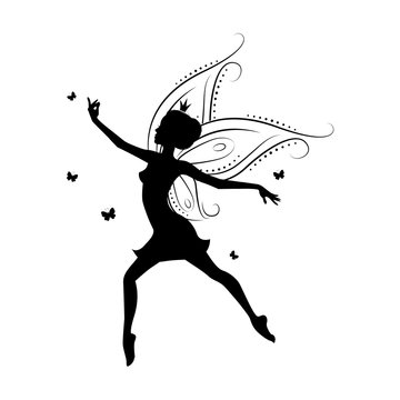 Silhouette of a fairy. Template fairy for cut of laser or engraved. Stencil for paper, plastic, wood, laser cut acrylic. Decoration for windows, wall and interior design. Vector illustration isolated.