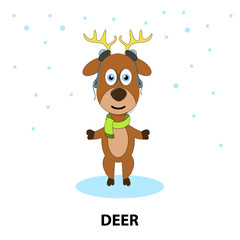 Funny Christmas deer with colored scarf isolated white background, Vector illustration