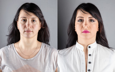 Brunette woman before and after makeup