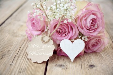 Muttertag - rosa Rosen mit Herz - Nostalgie, Vintage - Muttertagsgrüße - Blumenstrauß mit Text