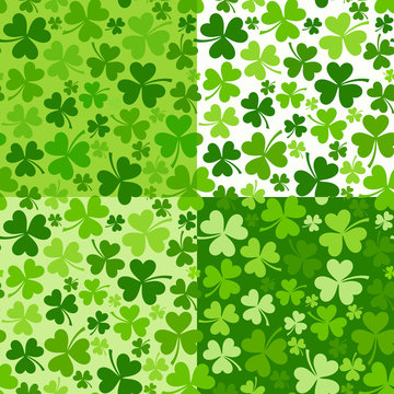 Vector set of four St. Patrick's day seamless backgrounds with green shamrock.