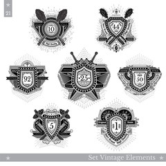 Set of different geometric shields with light ray and crossed vintage weapons behinde