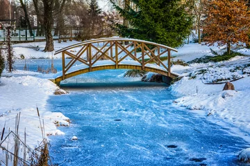 Photo sur Plexiglas Hiver Winter in the park. Snowy, wooden bridge over frozen pond. Poland.