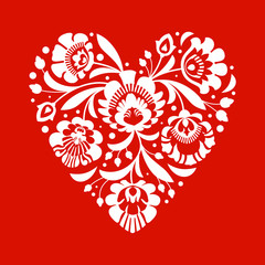 Folk heart white on red background - obrazy, fototapety, plakaty