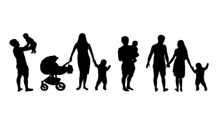 Silhouette of a family with children set on white background vector. A man and a woman with a child in a baby carriage isolated set.