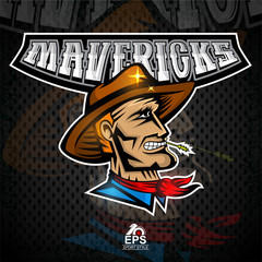 Fototapeta na wymiar Man face in profile with cowboy hat. Logo for any sport team mavericks