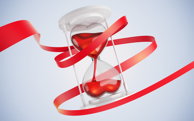 Hourglass in the form of hearts. Entwine red ribbon. 3d render. concept
