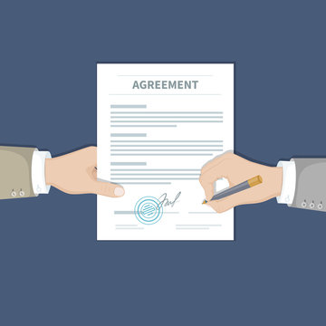 Two businessman signing an agreement. One hand holds the document and the other signs. Successful financial partnership, teamwork concept. Conclusion of a contract. Top view. Vector illustration.