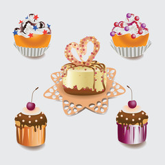 Cupcakes. Festive cakes. Set of pictures with food. Dough. Cherry and chocolate muffins, a cake with milk and white chocolate, red fruit syrup, cherries, round confeti, stars. 