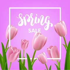 Spring sale. Tulips bouquet and spring calligraphy