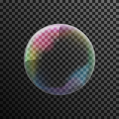 Transparent colorful soap bubble on a dark background. Vector Illustration.