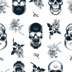 Grunge seamless pattern with monochrome human skulls in woodcut style and black and white wild roses on background. Vector illustration for wallpaper, textile print, wrapping paper