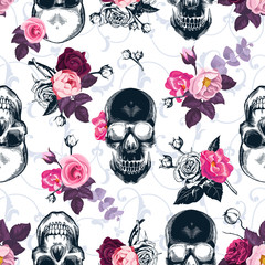 Floral seamless pattern with monochrome human skulls in woodcut style and colored wild roses on background. Vector illustration for wallpaper, textile print, wrapping paper