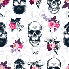 Wallpaper murals Human skull in flowers Floral seamless pattern with monochrome human skulls in woodcut style and colored wild roses on background. Vector illustration for wallpaper, textile print, wrapping paper