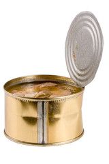 open tin can with fish pilchard isolated on white background