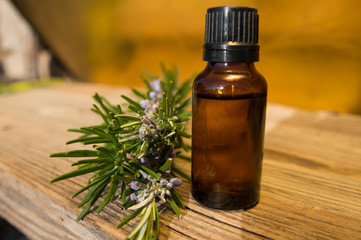 Rosemary oil in small glass bottle