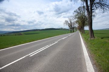 asphalt road through the green field and clouds on blue sky