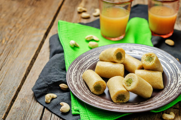 Cashew Pistachio roll. Kaju pista roll. Indian sweets