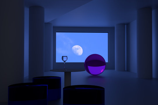 futuristiche S&auml;ulenhalle mit einem Bildschirm, der den Mond zeigt: EINSAMKEIT