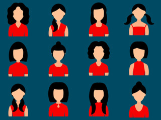Avatar girls icons set in flat style. Vector.