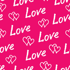 Red love hearts and handwritten lettering LOVE seamless pattern.