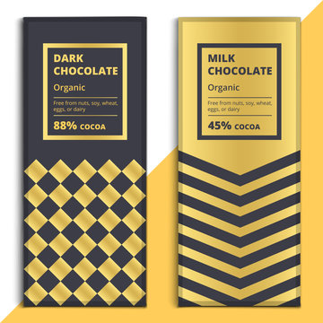Organic dark and milk chocolate bar design. Choco packaging vect