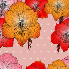Amaryllis. Seamless vector pattern. Flowers and dots.