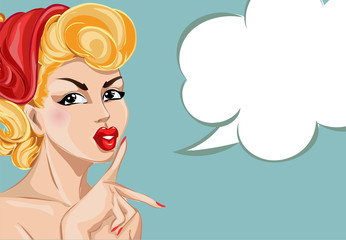 Pin-up sexy woman portrait with speech bubble. Silence Gesture girl hand drawn vector