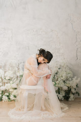 Morning Of The Bride Before Wedding. Charming brunette long hair model woman before ceremony In...