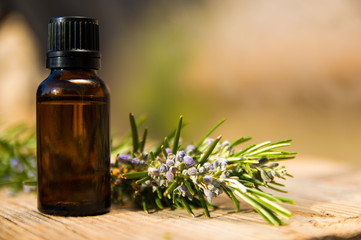 Rosemary oil in small glass bottle