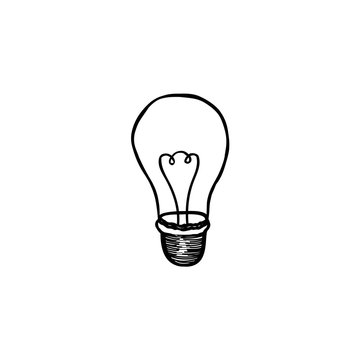 Lamp bulb isolated over white background. Light icon. Doodle line art