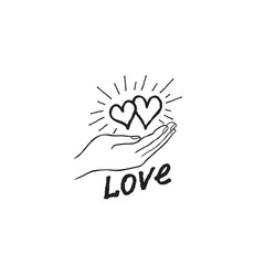Two heart in love in your hand. Strong family icon. Save love concept