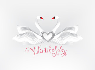 Two birds swan in love. Greeting card with calligraphic lettering St. Valentine's day
