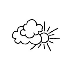 Sun with clouds icon. Doodle line art weather sign illustration