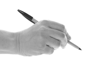 Pen in hand on an isolated background