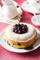 Blackcurrant cake on pink background with tea,
