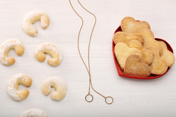 Delicious crunchy cookie in hearts shapes