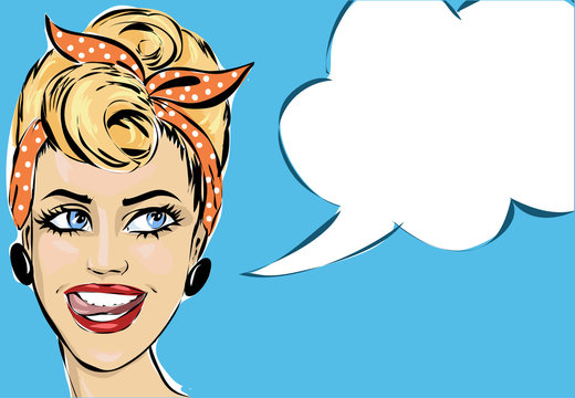 Pin up style smiling woman portrait with speech bubble, pop art girl stick out tongue, vector illustration