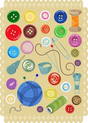 A set of buttons and sewing supplies. Vector illustration