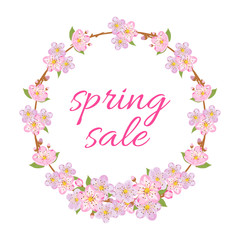 Spring sale illustration with text "Spring Sale". Sakura wreaths. Vector illustration.