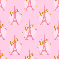 Seamless pattern with Eiffel tower and Love word on pink striped background.