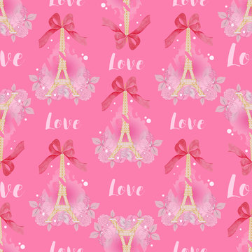 Seamless pattern with Eiffel tower and Love word on pink background.