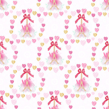 Seamless pattern with Eiffel tower and Love word on white background.