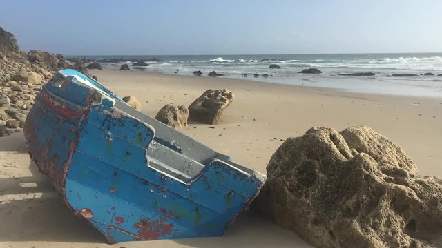 Small boat used for illegal immigration. Found on the beaches of Tarifa, Cádiz