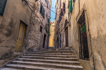 July 20, 2016:  A narrow road in the old town of Sibenik, Croati