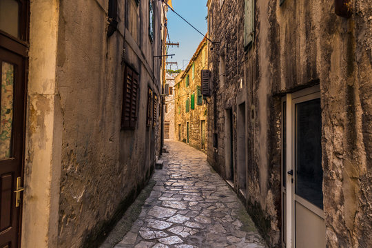July 20, 2016:  Cobblestone street of the old town of Sibenik, C